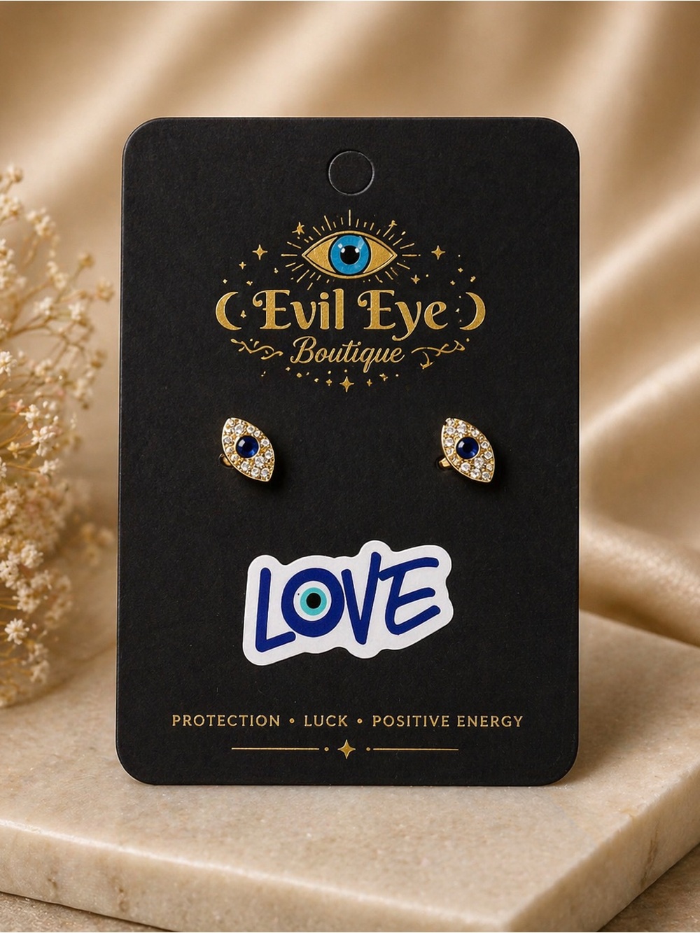 Gold & Blue Pavé Evil Eye Stud Earrings